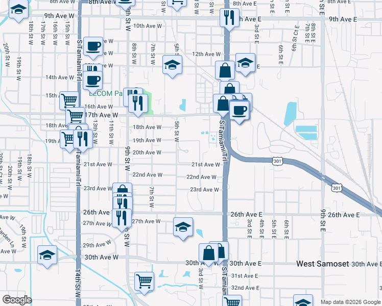map of restaurants, bars, coffee shops, grocery stores, and more near 2001 5th Street West in Bradenton