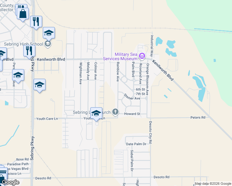 map of restaurants, bars, coffee shops, grocery stores, and more near 1803 Rainbow Avenue in Sebring