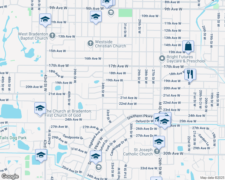 map of restaurants, bars, coffee shops, grocery stores, and more near 3208 21st Avenue Drive West in Bradenton
