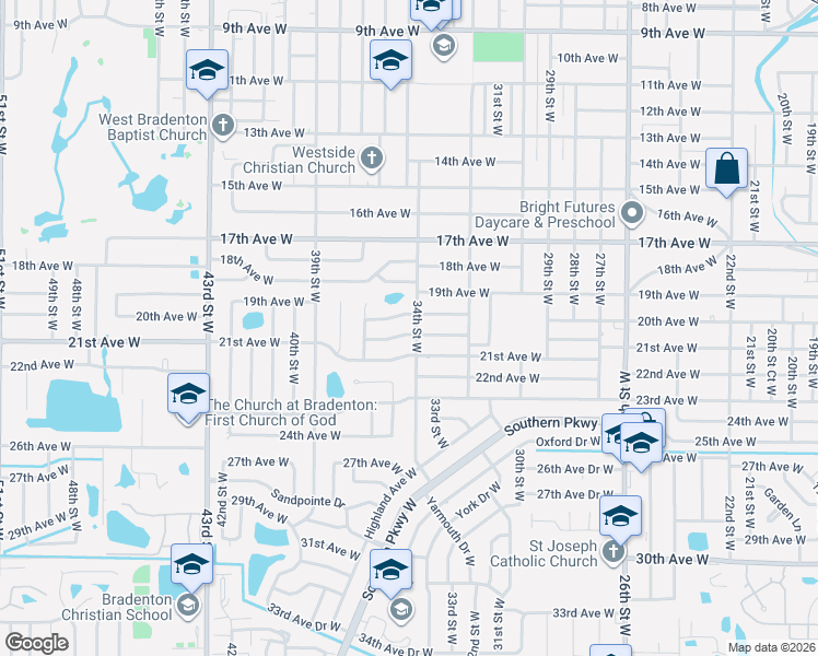 map of restaurants, bars, coffee shops, grocery stores, and more near 3404 20th Avenue Drive West in Bradenton