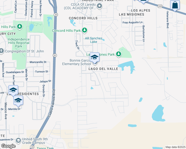 map of restaurants, bars, coffee shops, grocery stores, and more near 5408 Proctor Court in Laredo