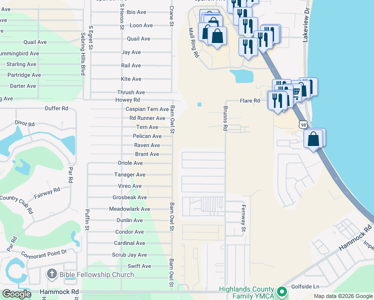 map of restaurants, bars, coffee shops, grocery stores, and more near 2101-2211 Burning Tree Circle in Sebring