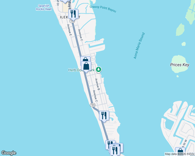 map of restaurants, bars, coffee shops, grocery stores, and more near 2406 Avenue A in Bradenton Beach