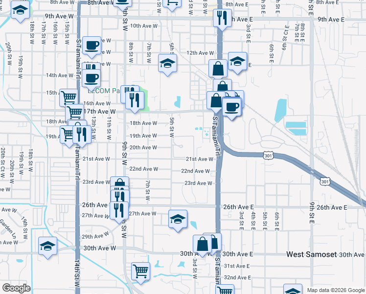map of restaurants, bars, coffee shops, grocery stores, and more near 2001 5th Street West in Bradenton