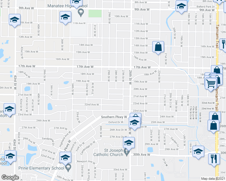 map of restaurants, bars, coffee shops, grocery stores, and more near 2806 20th Avenue Drive West in Bradenton