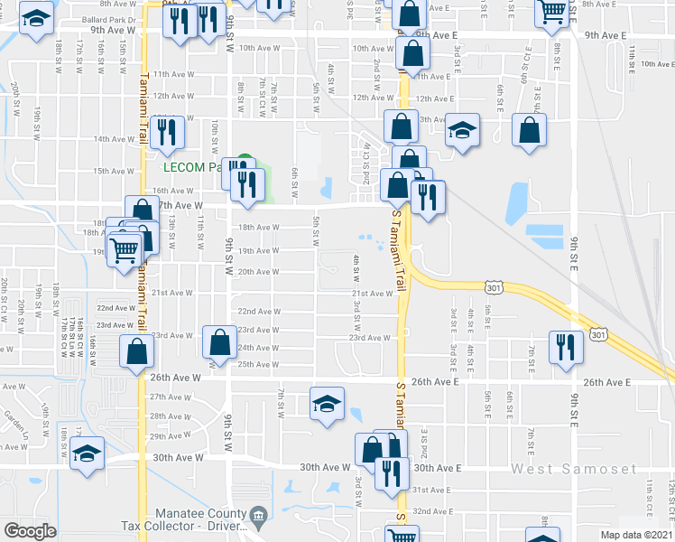 map of restaurants, bars, coffee shops, grocery stores, and more near 2001 5th Street West in Bradenton