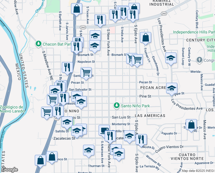 map of restaurants, bars, coffee shops, grocery stores, and more near in Laredo
