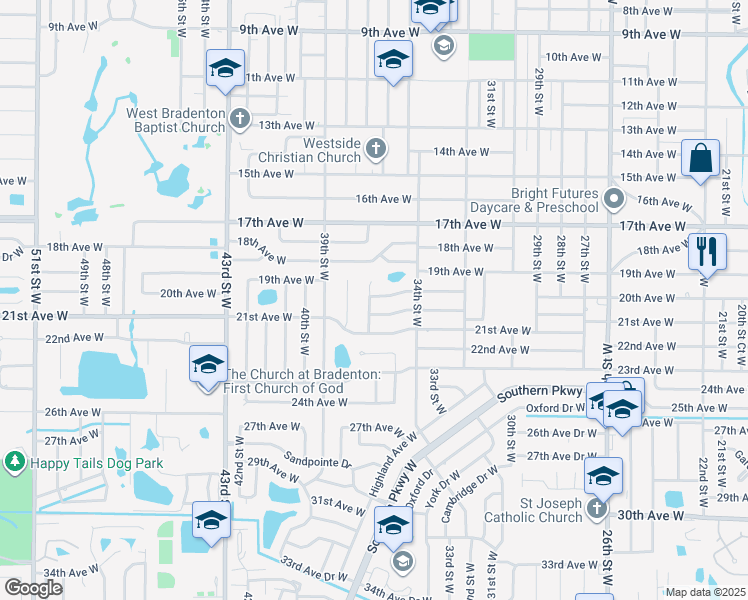 map of restaurants, bars, coffee shops, grocery stores, and more near 3604 20th Avenue Drive West in Bradenton