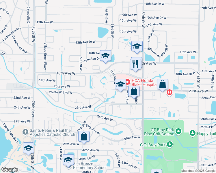 map of restaurants, bars, coffee shops, grocery stores, and more near 61058 Evergreen Circle in Bradenton