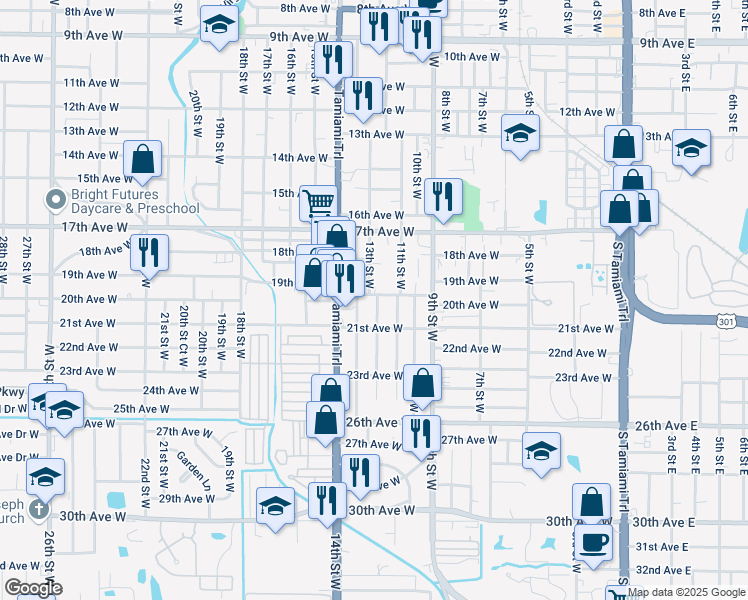 map of restaurants, bars, coffee shops, grocery stores, and more near 2001 12th Street West in Bradenton