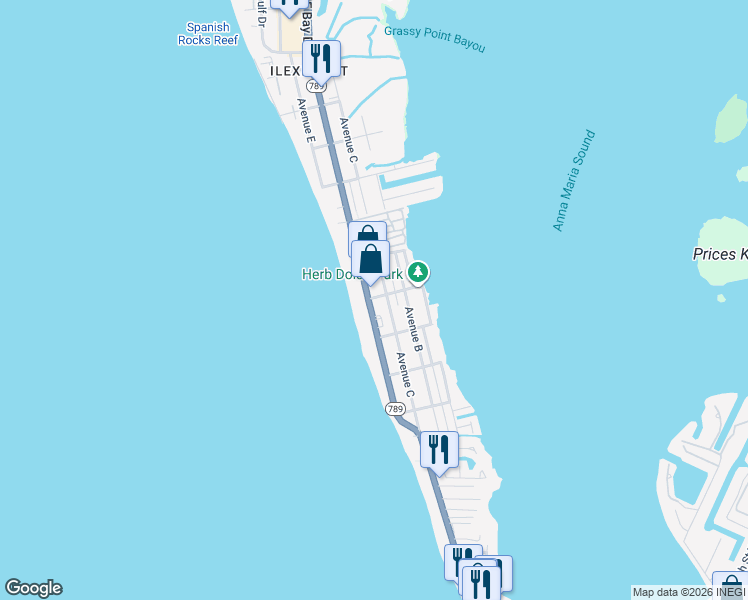 map of restaurants, bars, coffee shops, grocery stores, and more near 2412 Avenue C in Bradenton Beach