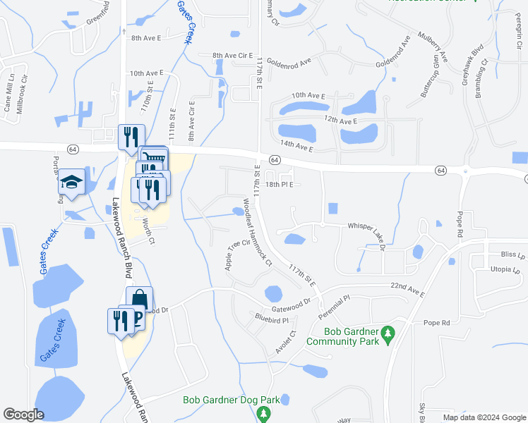 map of restaurants, bars, coffee shops, grocery stores, and more near 1826 Lake George Cove in Bradenton