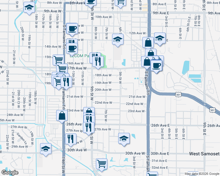 map of restaurants, bars, coffee shops, grocery stores, and more near 615 20th Avenue West in Bradenton