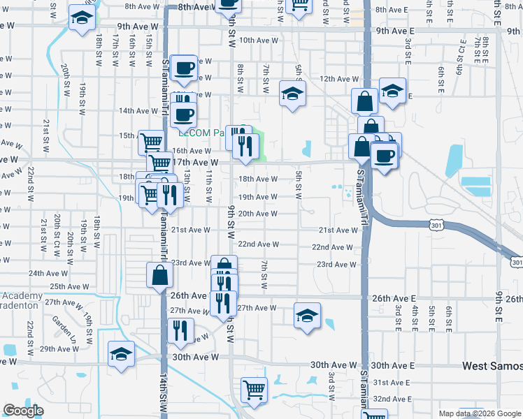 map of restaurants, bars, coffee shops, grocery stores, and more near 615 20th Avenue West in Bradenton