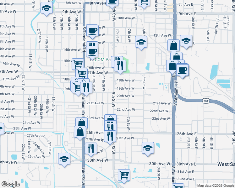 map of restaurants, bars, coffee shops, grocery stores, and more near 807 20th Avenue West in Bradenton