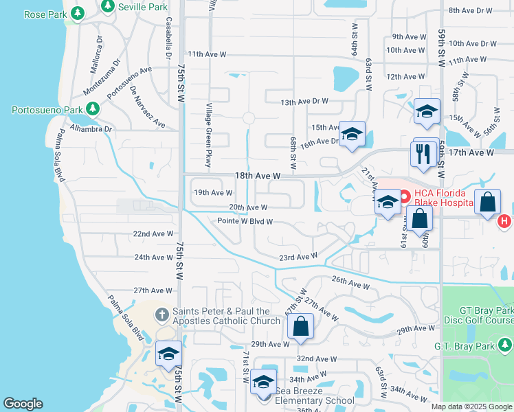 map of restaurants, bars, coffee shops, grocery stores, and more near 7001 20th Avenue West in Bradenton