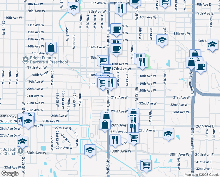 map of restaurants, bars, coffee shops, grocery stores, and more near 1925 14th Street West in Bradenton