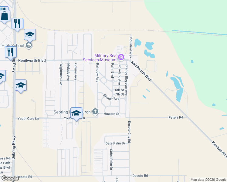 map of restaurants, bars, coffee shops, grocery stores, and more near 1900 Palm Boulevard in Sebring