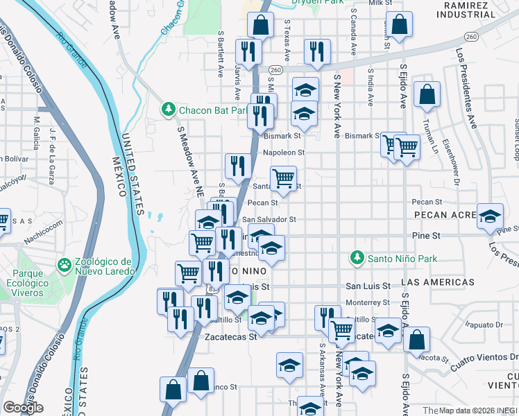 map of restaurants, bars, coffee shops, grocery stores, and more near 2418 San Salvador Street in Laredo