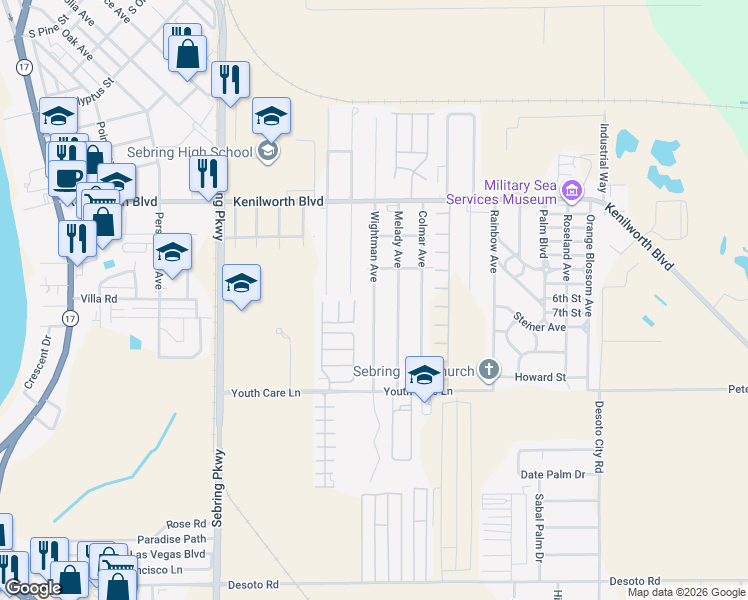 map of restaurants, bars, coffee shops, grocery stores, and more near 1804 Wightman Avenue in Sebring