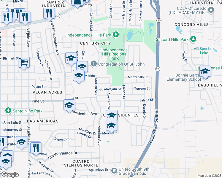 map of restaurants, bars, coffee shops, grocery stores, and more near 4008 Calle Puebla in Laredo