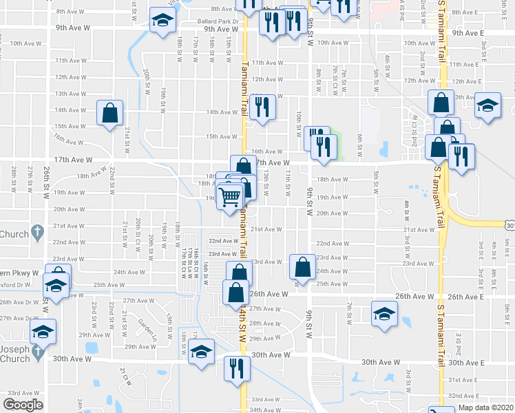 map of restaurants, bars, coffee shops, grocery stores, and more near 1300 19th Avenue West in Bradenton