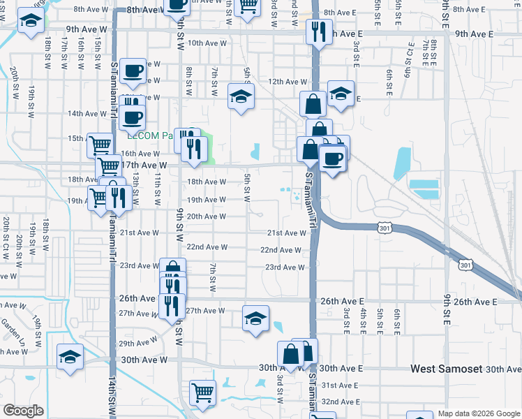 map of restaurants, bars, coffee shops, grocery stores, and more near 2019 5th Street West in Bradenton