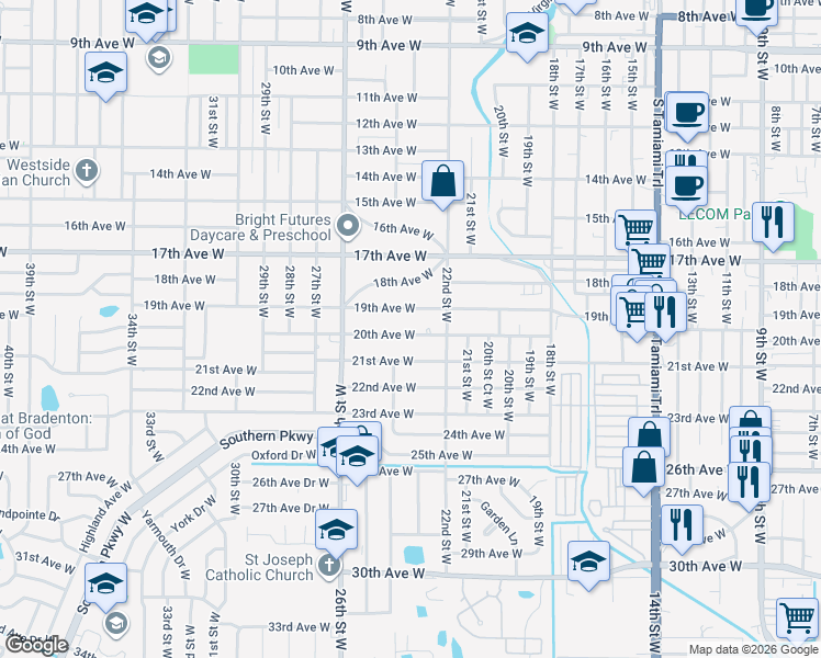 map of restaurants, bars, coffee shops, grocery stores, and more near 2321 20th Avenue West in Bradenton
