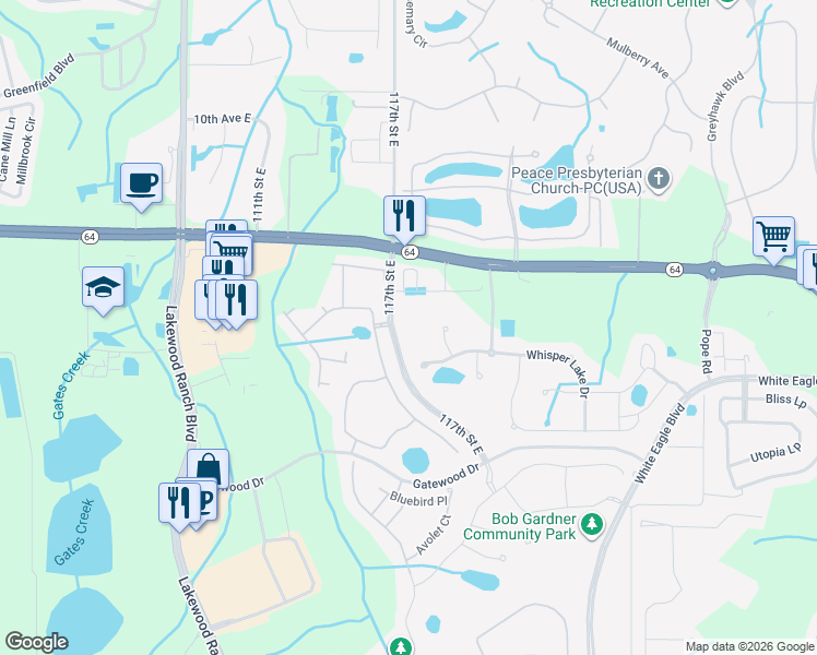 map of restaurants, bars, coffee shops, grocery stores, and more near 1826 Lake George Cove in Bradenton