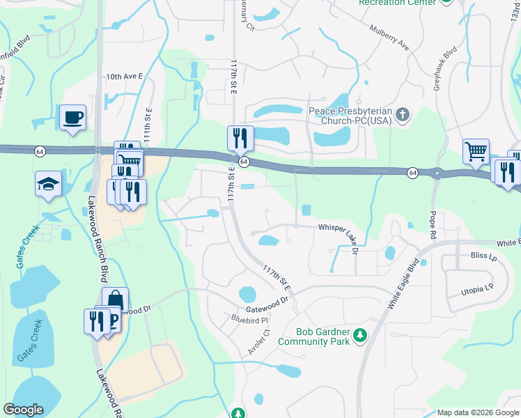 map of restaurants, bars, coffee shops, grocery stores, and more near 1830 Lake George Cove in Bradenton