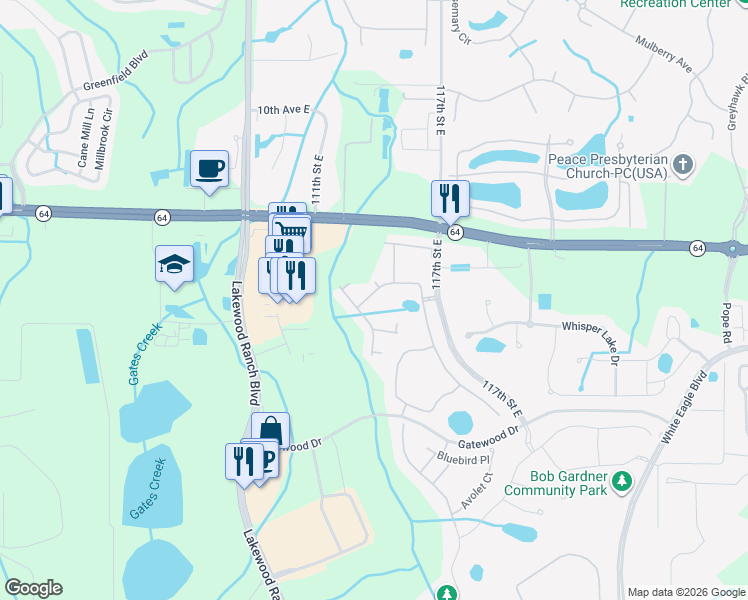 map of restaurants, bars, coffee shops, grocery stores, and more near 1770 Woodleaf Hammock Court in Bradenton