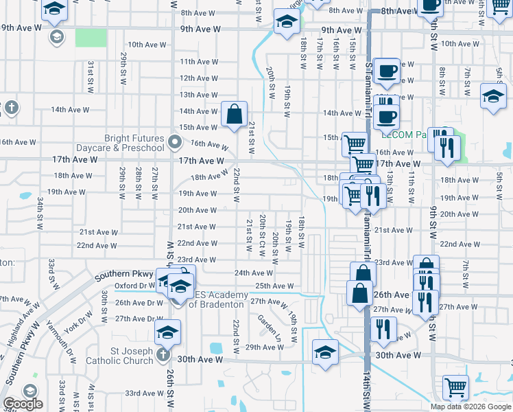 map of restaurants, bars, coffee shops, grocery stores, and more near 2003 21st Street West in Bradenton