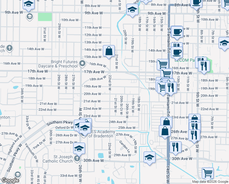 map of restaurants, bars, coffee shops, grocery stores, and more near 2003 21st Street West in Bradenton