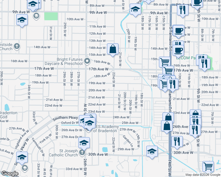 map of restaurants, bars, coffee shops, grocery stores, and more near 2014 22nd Street West in Bradenton