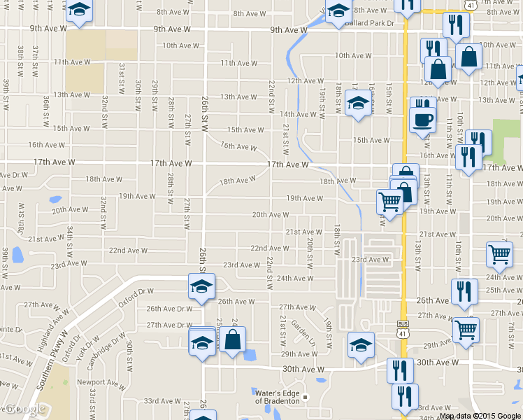 map of restaurants, bars, coffee shops, grocery stores, and more near 2211 20th Avenue West in Bradenton
