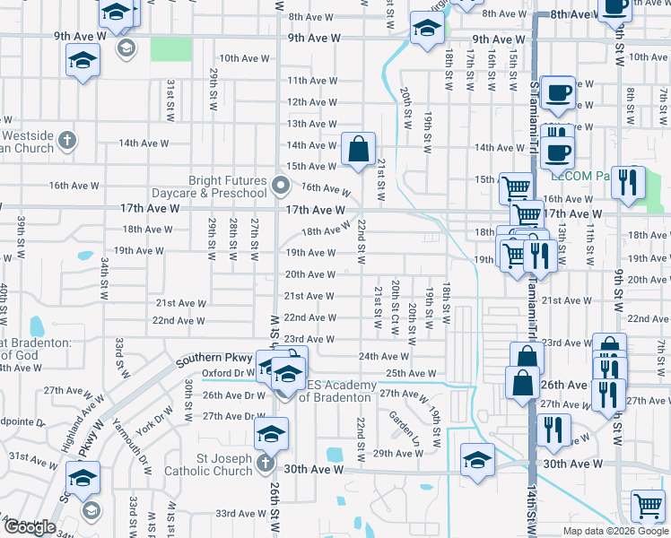 map of restaurants, bars, coffee shops, grocery stores, and more near 2321 20th Avenue West in Bradenton