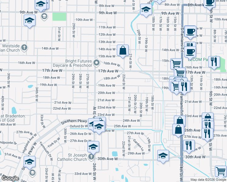 map of restaurants, bars, coffee shops, grocery stores, and more near 2321 20th Avenue West in Bradenton