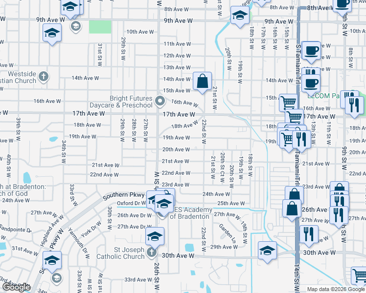 map of restaurants, bars, coffee shops, grocery stores, and more near 2321 20th Avenue West in Bradenton