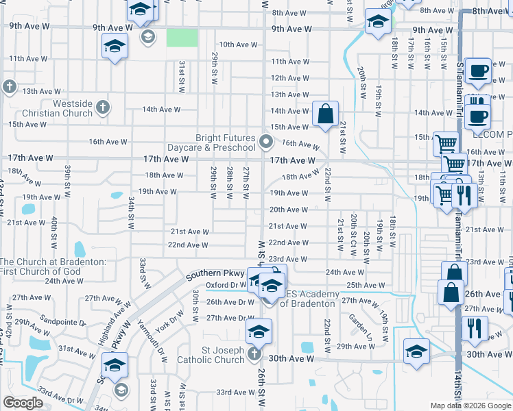 map of restaurants, bars, coffee shops, grocery stores, and more near 2009 27th Street West in Bradenton