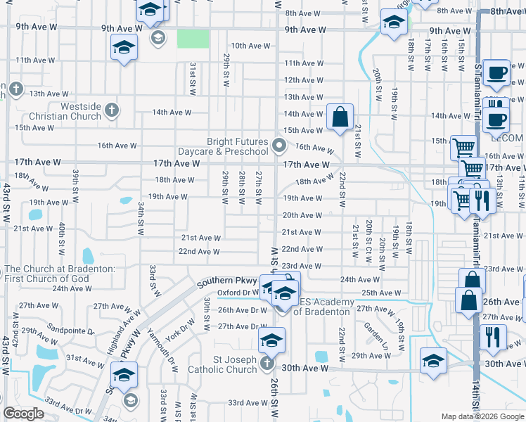 map of restaurants, bars, coffee shops, grocery stores, and more near 2009 27th Street West in Bradenton