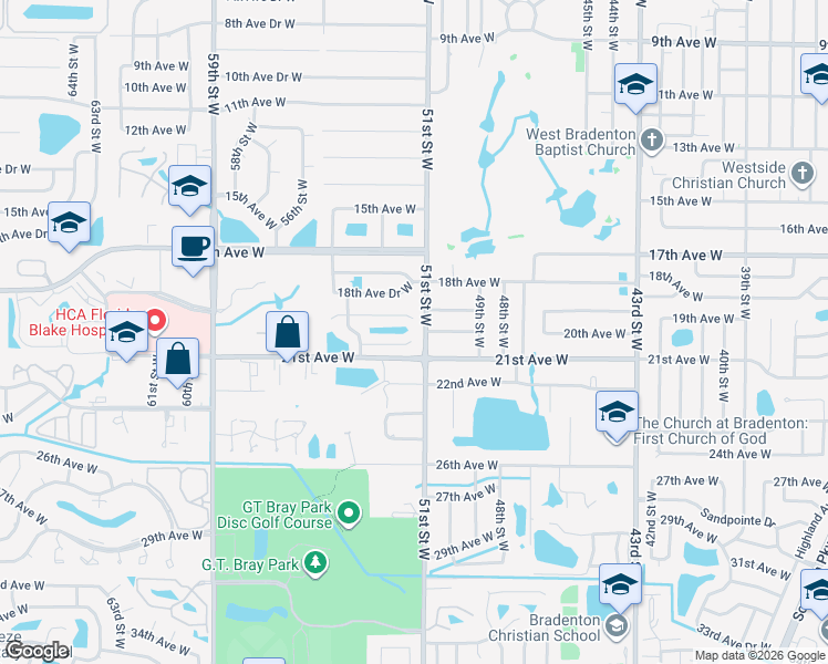 map of restaurants, bars, coffee shops, grocery stores, and more near 5103 20th Avenue West in Bradenton