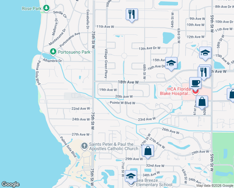 map of restaurants, bars, coffee shops, grocery stores, and more near 7204 Pointe West Boulevard West in Bradenton
