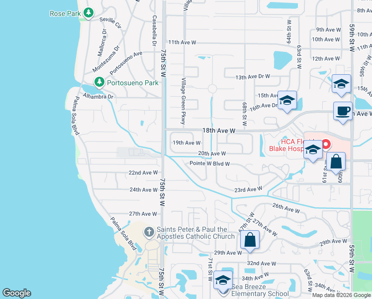 map of restaurants, bars, coffee shops, grocery stores, and more near 7214 Pointe West Boulevard West in Bradenton