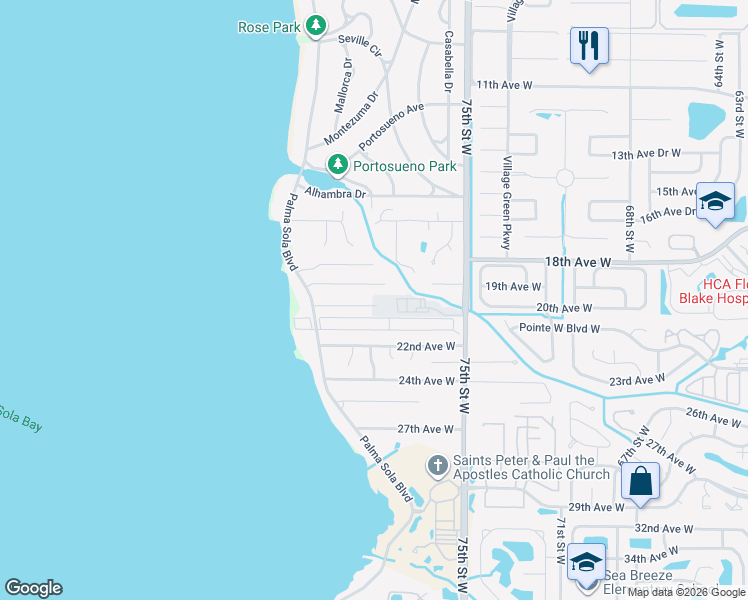 map of restaurants, bars, coffee shops, grocery stores, and more near 13 Velverde Drive in Bradenton