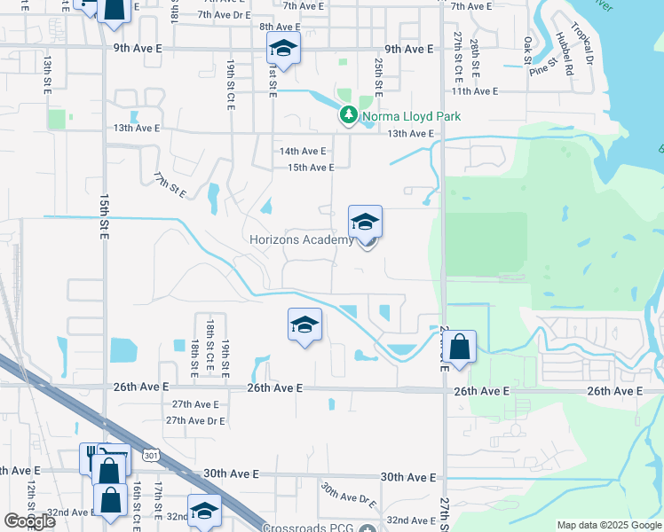 map of restaurants, bars, coffee shops, grocery stores, and more near 2301 Mizner Bay Avenue in Bradenton