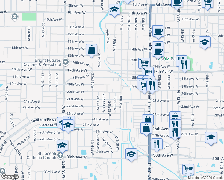map of restaurants, bars, coffee shops, grocery stores, and more near 2005 20th Street West in Bradenton