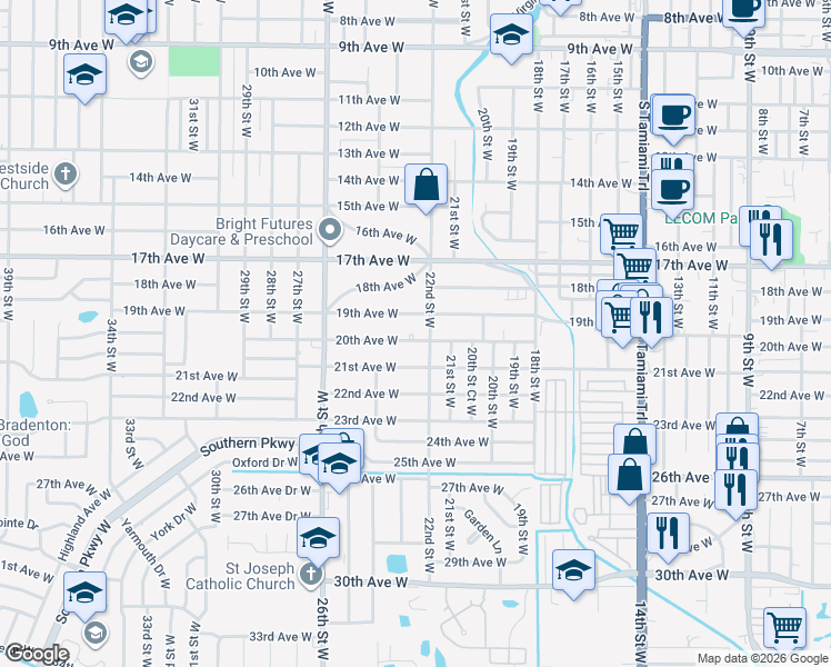 map of restaurants, bars, coffee shops, grocery stores, and more near 2210 20th Avenue West in Bradenton