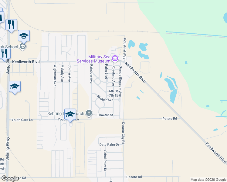 map of restaurants, bars, coffee shops, grocery stores, and more near 4800 6th Street in Sebring