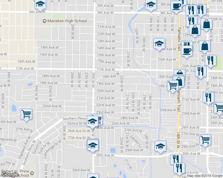 map of restaurants, bars, coffee shops, grocery stores, and more near 2316 20th Avenue West in Bradenton