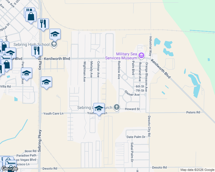 map of restaurants, bars, coffee shops, grocery stores, and more near 1478 Las Villas Boulevard in Sebring